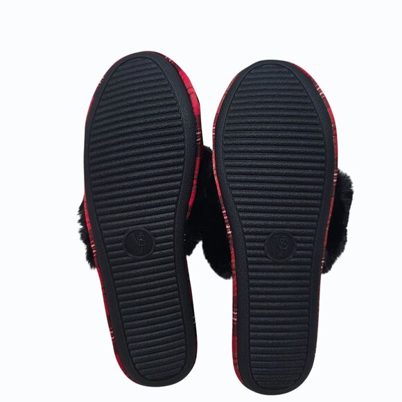 Victoria's Secret Signature Satin Fur Trim Slippers Red Plaid w Dust Bag M 7/8 - Picture 3 of 11